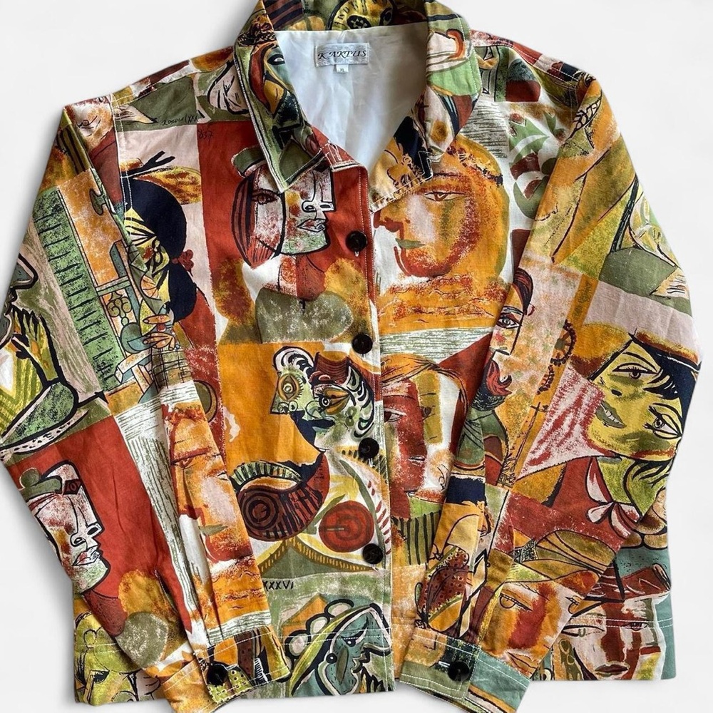 Vintage Kaktus Pablo Picasso All Over Print Linen Blend Button Up Jacket Size XL